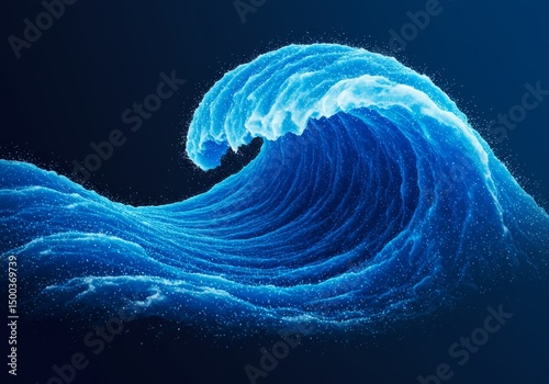 Dynamic Abstract Blue Wave Illustration with Sparkling Particles on Dark Background
