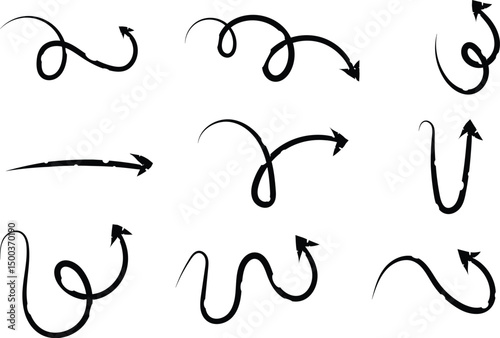Hand Drawn Black Curved Arrow Set Swirl And Loop Doodle Arrows With Transparent PNG