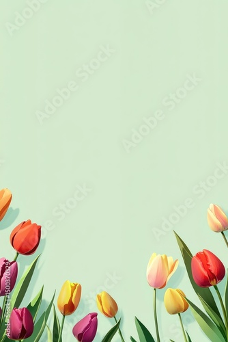 Pastel-colored tulips arranged in a border on a light mint-green background