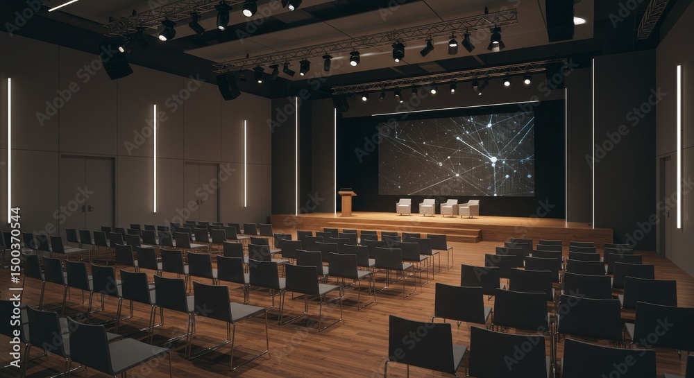 Naklejka premium Empty Auditorium Interior with Stage and Seating Conference Event Space