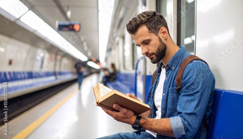 A man absorbed in reading a book on a subway platform. The setting creates a sense of calm amidst the city