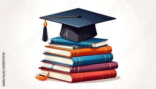 Graduation cap on books stack.
