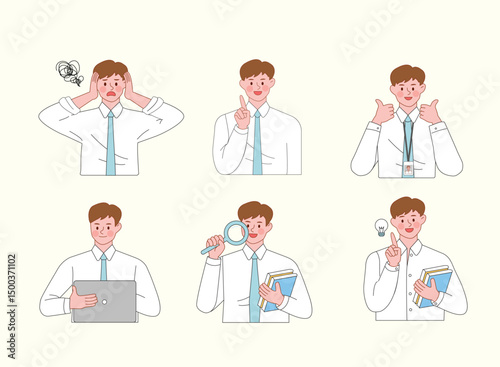 Office worker showing different emotions and actions