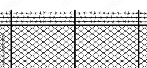 The image shows a black and white illustration of a chain-link fence topped with three rows of barbed wire.  The style is simple and graphic, lacking any contextual elements beyond the fence itself.