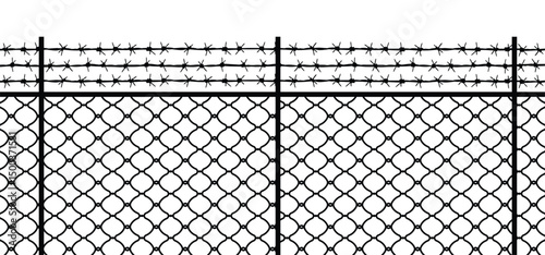 The image shows a black and white illustration of a chain-link fence topped with three rows of barbed wire.  The style is simple and graphic, lacking any contextual elements beyond the fence itself.
