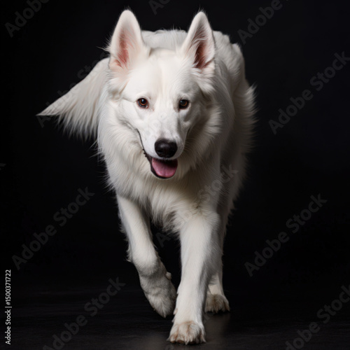 Happy cute dog, White Swiss Shepherd, walking. Isolated on black background
