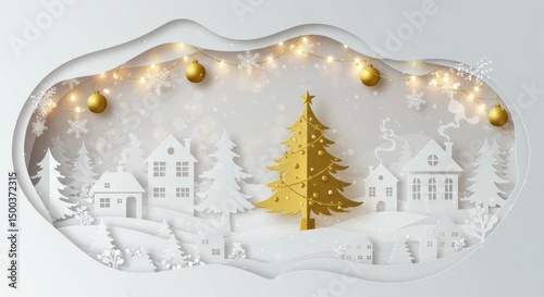 Paper Cut Christmas Landscape Illustration in White and Gold
