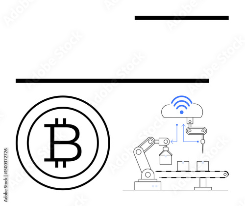 Bitcoin symbol beside robotic arm assembling items, cloud icon with wireless signal above. Ideal for blockchain, cryptocurrency, automation, IoT, fintech, technology innovation graphics. Flat simple
