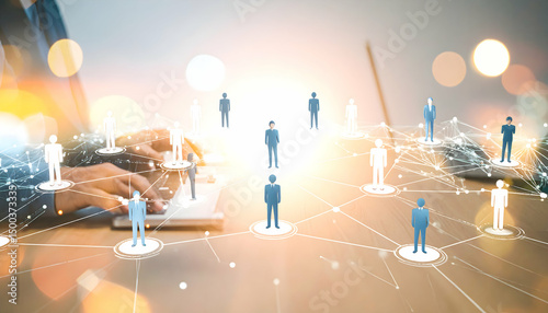 Abstract Human Resources Connection Concept Featuring Networked Figures on a Bright Table with Blurry Background
