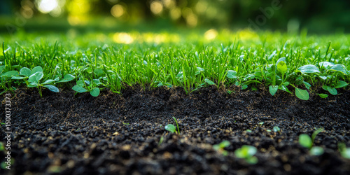 Compost top-dressing enhances lawn health with vibrant green plants during a sunny afternoon in the garden