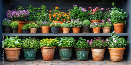 Fototapeta Naklejka Na Ścianę i Meble -  Container garden thriving with colorful flowers and healthy herbs in sunny urban setting