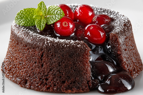 Rich chocolate fondant cake topped with fresh berries and sprig of mint, with molten chocolate center oozing out.