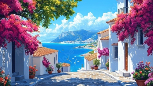 Sunny coastal village street with white buildings, colorful blooming flowers, and clear blue sea with boats against mountainous backdrop under a bright sky