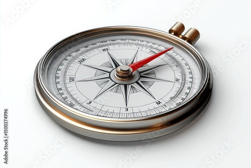 Close-up of a metallic compass with a white dial and red needle pointing northeast on a white surface
