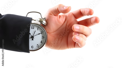 Seizing the time and present opportunities concept. Businessman hand grasping alarm clock, isolated on white background.