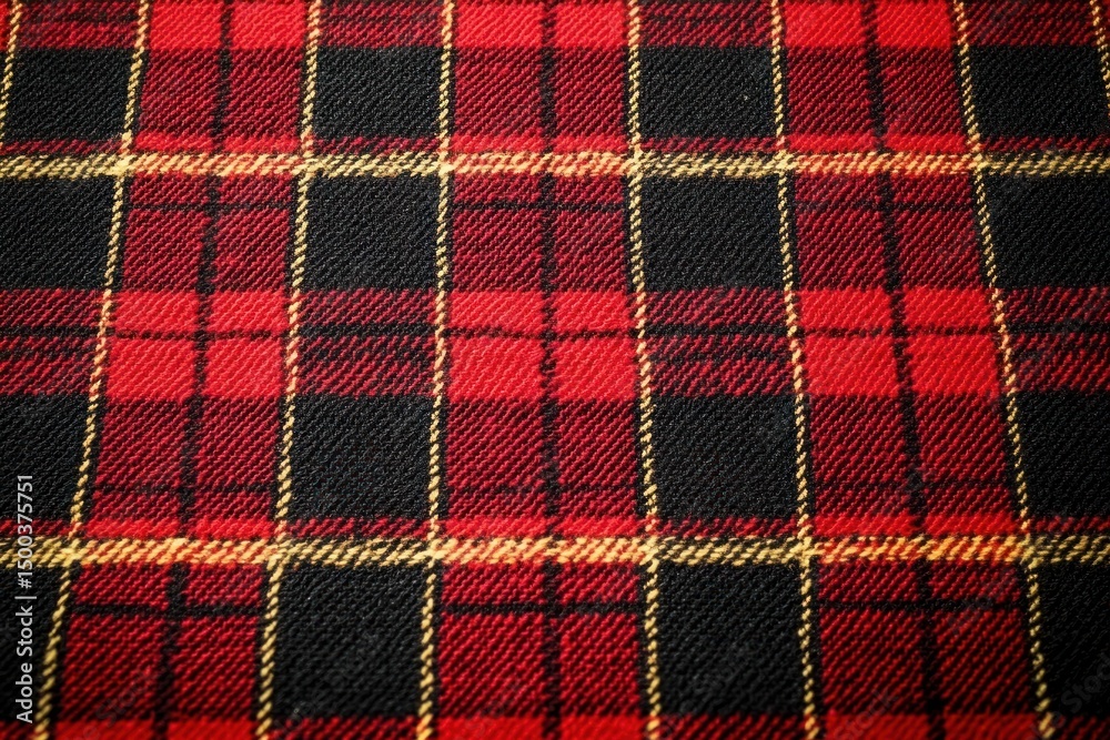 Close-up of red and black tartan fabric with yellow accents and a textured woven pattern Close-up of red and black tartan fabric with yellow accents and a textured woven pattern