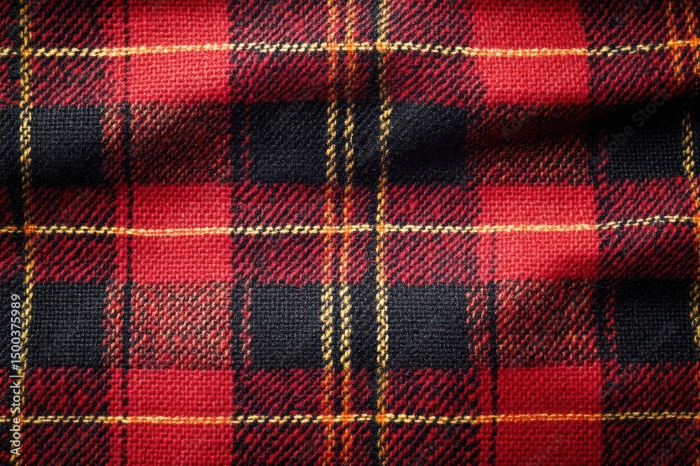 Close-up of textured fabric with red, black, and yellow plaid pattern showing detailed woven threads and checkered design Close-up of textured fabric with red, black, and yellow plaid pattern showing detailed woven threads and checkered design