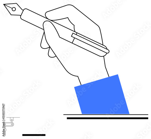 Hand gripping pen poised to write on lined paper. Ideal for creativity, education, signing, authorship, handwriting, design representation, minimalistic themes, simple landing page