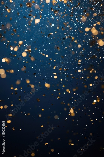 Gold confetti falling on a dark blue background