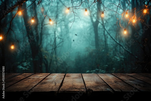 Wooden table in a misty, lit forest