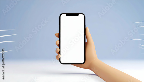 Hand Holding Blank White Screen Smartphone in Social Media 3D Cartoon Illustration on Blue and White Gradient Background