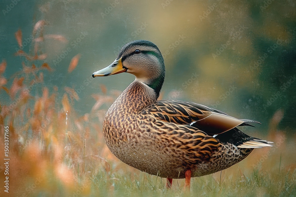 Obraz premium Close-up of a brown duck standing on grassy ground with blurred autumn foliage in the background, evoking a peaceful natural scene