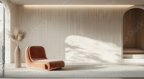 Minimalist living room with soft natural light, featuring a low brown lounge chair, tall vase with dried pampas grass, light textured wall with shadow patterns, and arched doorway