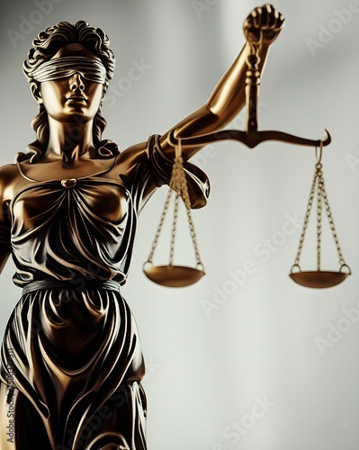 Majestic bronze Lady Justice statue with scales and blindfold - AI generated