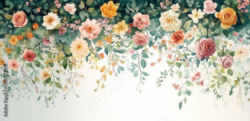 Delicate watercolor painting of varied blooming flowers and green leaves hanging gracefully from above creating a soft and elegant floral border