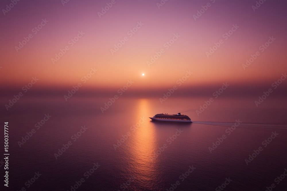 Naklejka premium Serene Sunset Over Ocean With Cruise Ship Sailing in Tranquil Waters