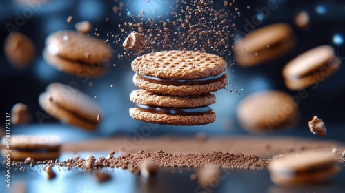 Close-up of crispy chocolate sandwich cookies with cream filling suspended in midair with crumbs and cocoa powder scattered around