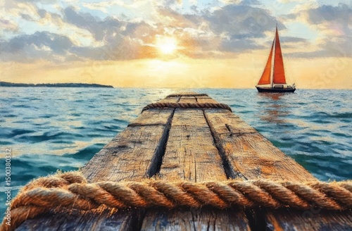 Wooden pier with thick rope leading towards calm sea with a sailboat under a bright sunset sky