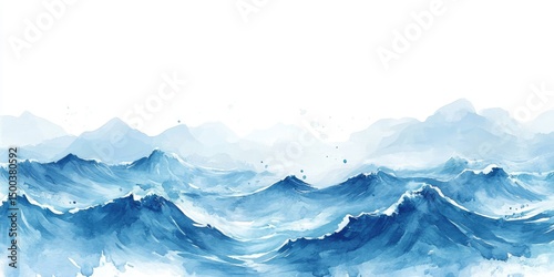 Abstract watercolor painting of blue waves crashing against a misty mountain range