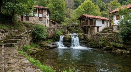 Photo Houses Beside Waterfall With Green Vegetation and Trees