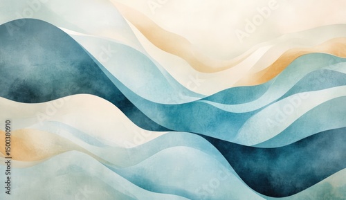 Abstract watercolor waves in muted blues and beige