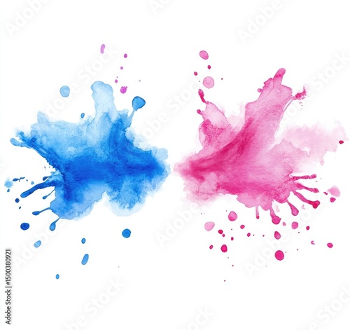 Abstract watercolor splatter art, two vibrant colors, blue and pink, against a white background