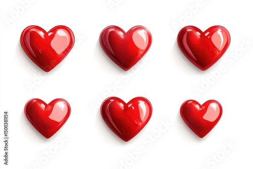 Six glossy red hearts on white background
