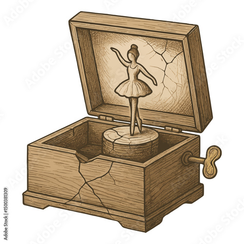 Vintage Music Box Vector – Cracked Wooden Case with Silent Ballerina