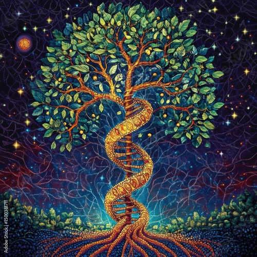 Cosmic tree of life, DNA spiral, vibrant colors
