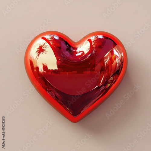Glossy red heart shape, reflective surface, subtle mirrored image of trees/palm trees