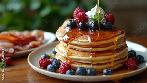 Stack of pancakes with syrup and berries on table