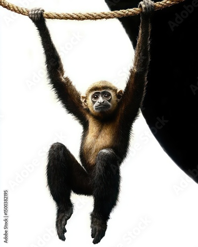 young monkey hanging by its arms from a rope with a curious and calm expression against a bright background