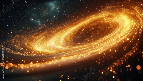 Bright glowing golden spiral galaxy with sparkling stars and dust in a dark space environment conveying cosmic beauty and mystery