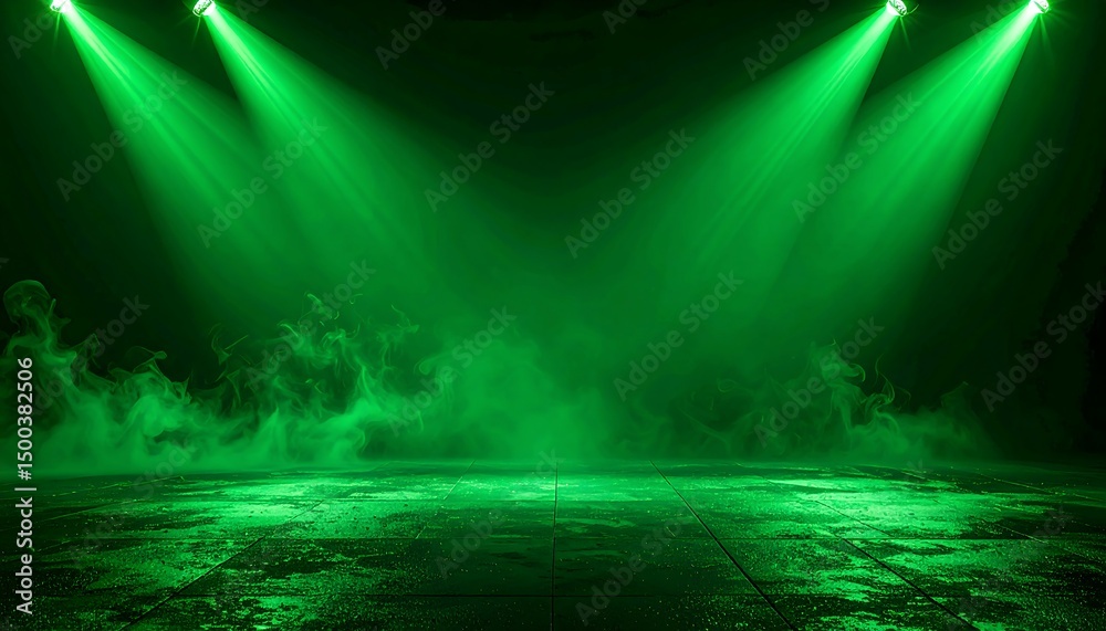 Fototapeta premium Green Stage Lighting with Smoke, and Floor.