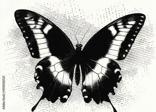 Detailed black and white illustration of a butterfly with spread wings showing patterns and textures on a dotted background