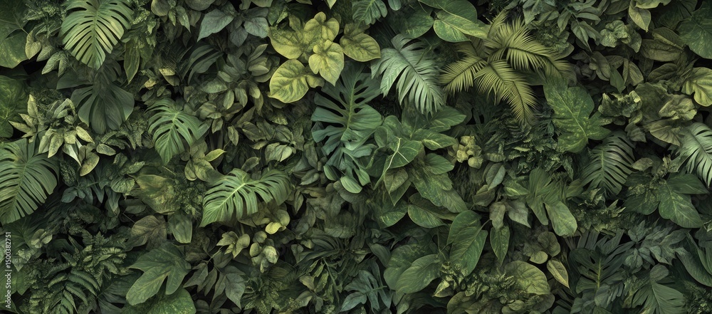 Fototapeta premium Lush green tropical leaves densely cover a wall