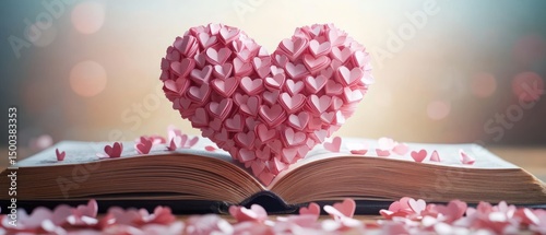 Open book with numerous small pink heart shapes forming a large heart rising from the pages, softly lit with a warm and romantic atmosphere