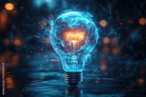Glowing light bulb with swirling blue electric energy and warm orange filament light floating in dark ambient environment emitting sparks