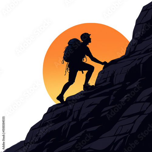Silhouette of a hiker climbing a mountain against an orange sunset background representing adventure and overcoming challenges