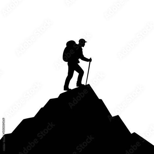 Silhouette of a hiker reaching the mountain peak symbolic of adventure and achievement against a dark backdrop